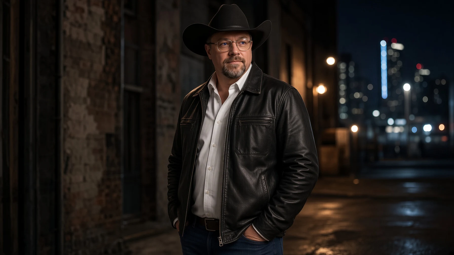 Chad Sanders in a night city alley, leather jacket and white hat, city bokeh